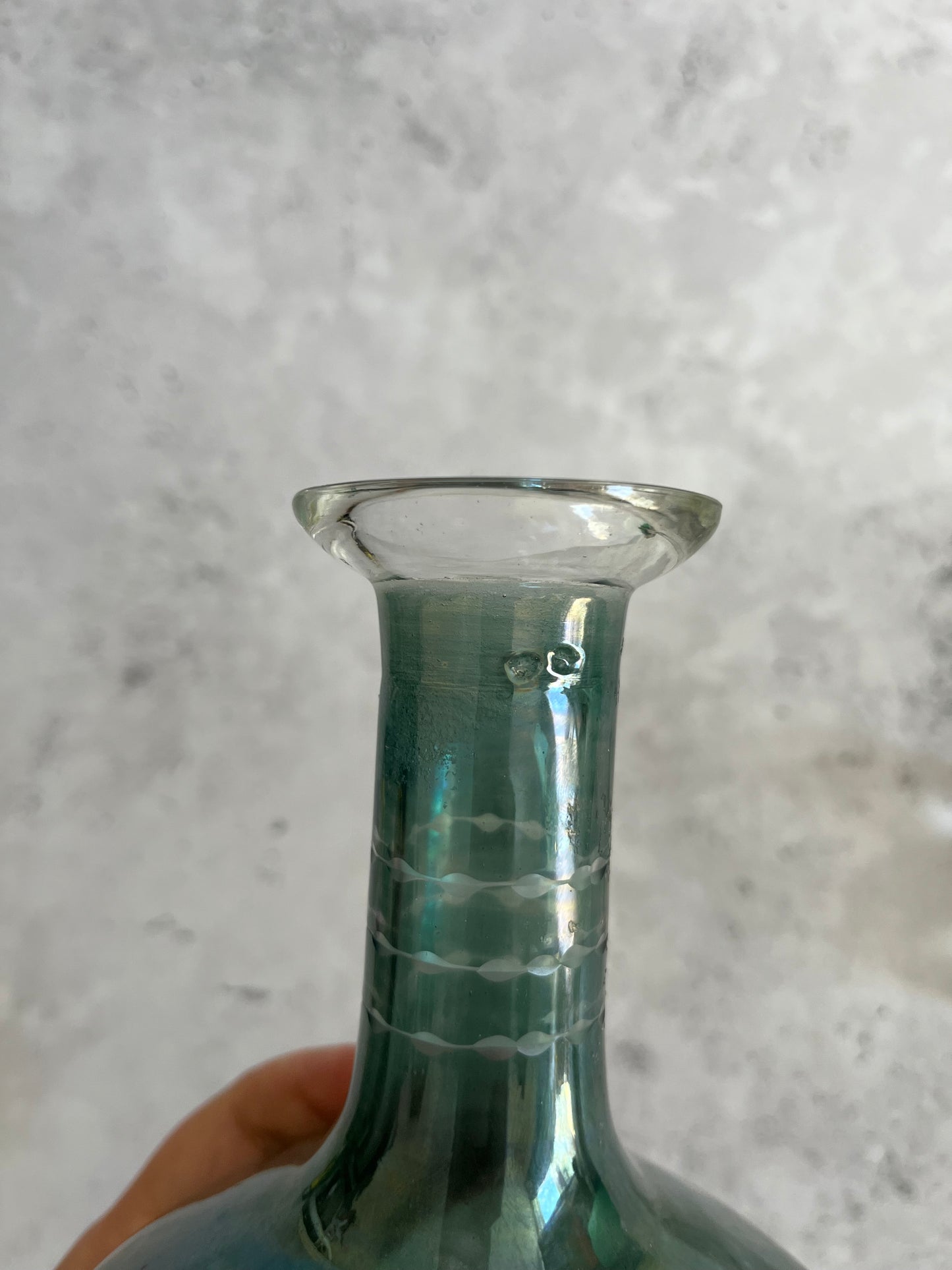 Vintage Hand Blown Iridescent Teal Green Etched Decanter With Faceted Stopper
