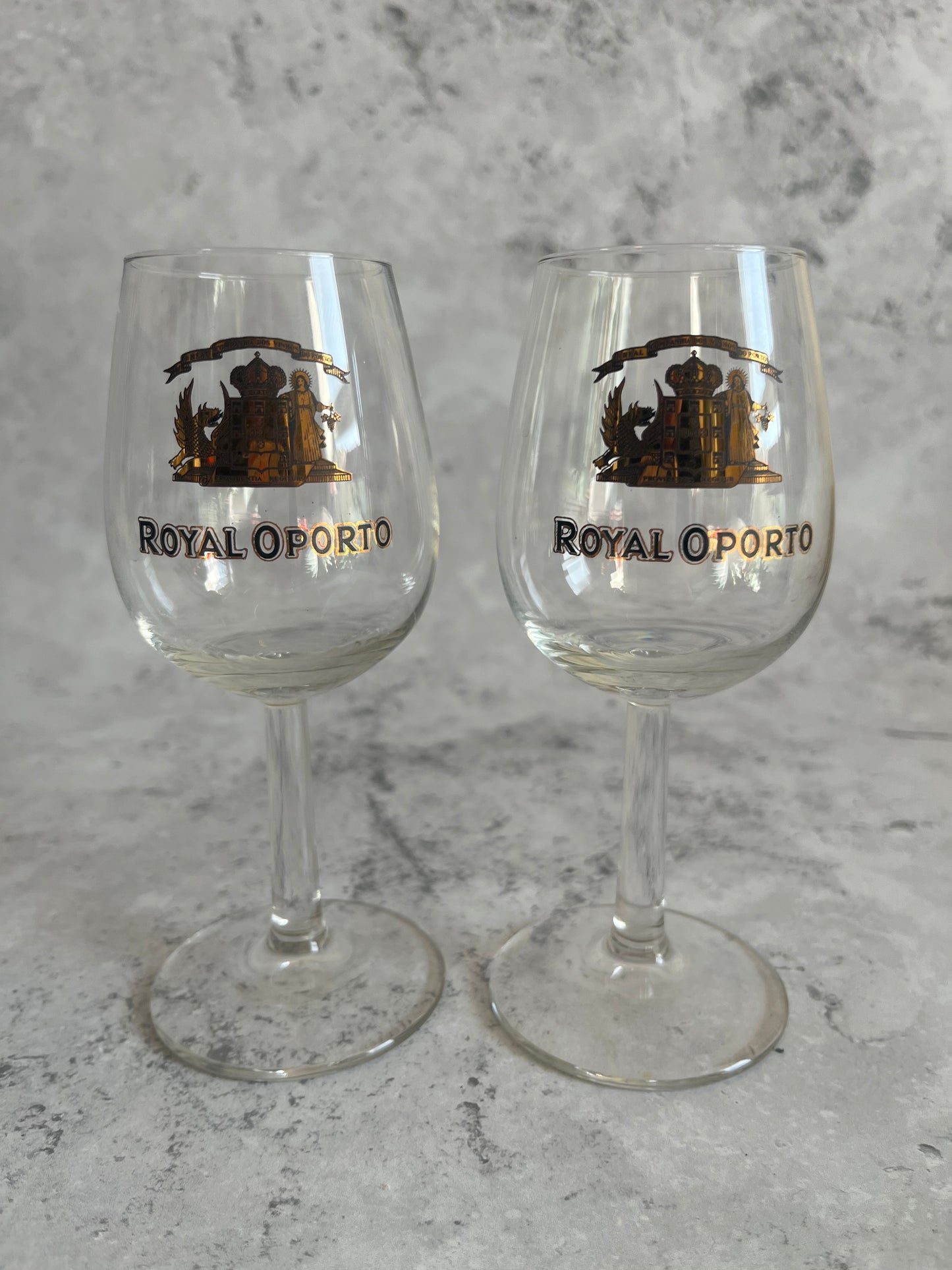 Vintage Royal Oporto Set Of 2 Clear Glass Port Glasses Gilt Detail