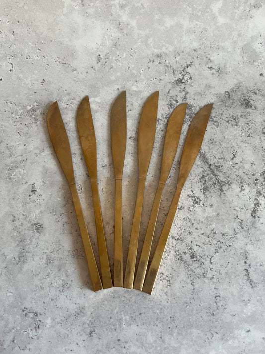 Vintage 1970’s Thai Gold Tone Table Knives Set Of Six Angular Design