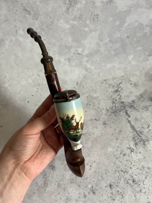 Antique German Tobacco Smoking Pipe Ceramic & Wood Stag Design