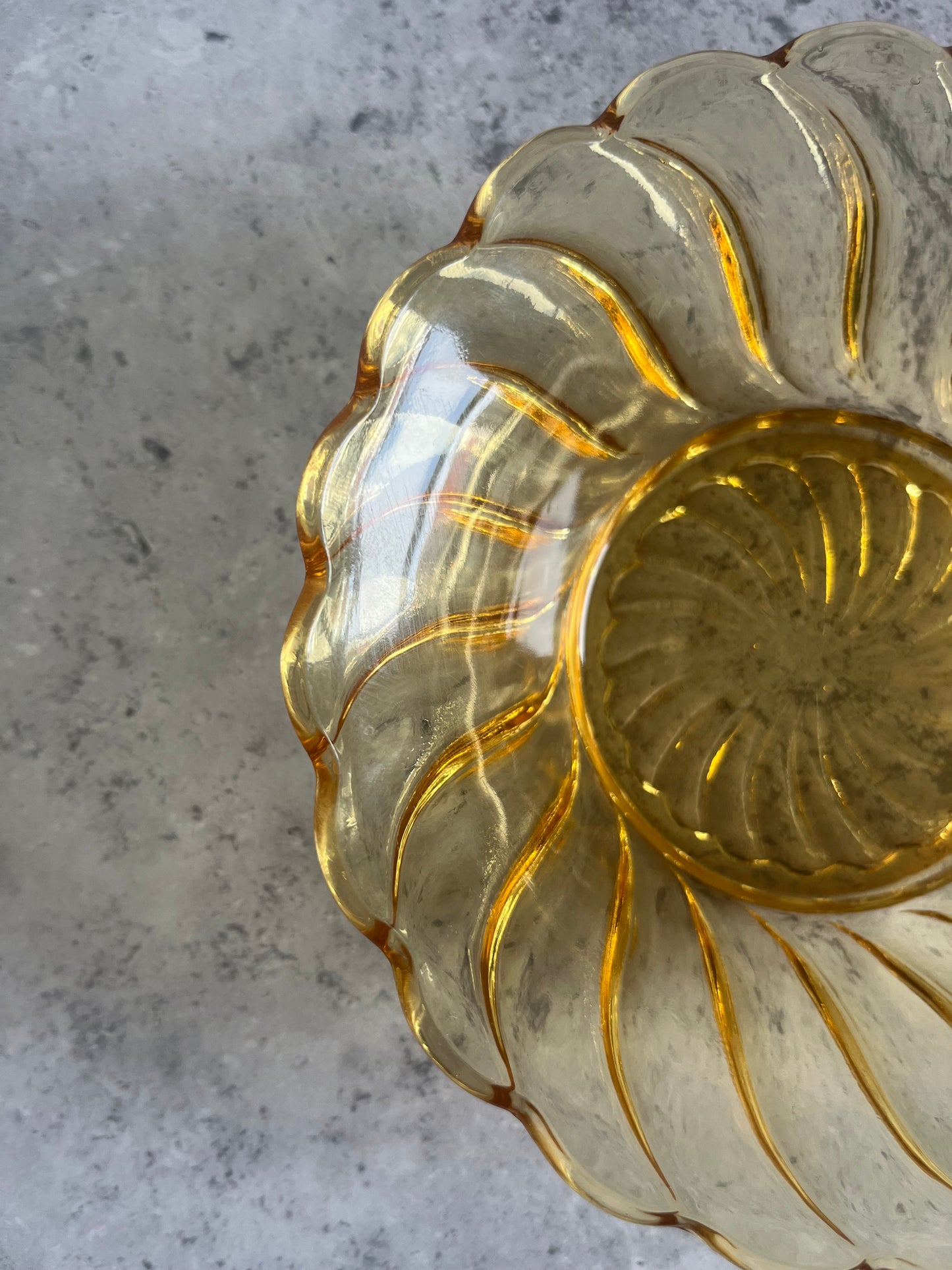 Vintage Bagley Amber Glass Dessert Bowl Swirl Pattern Scalloped Edge
