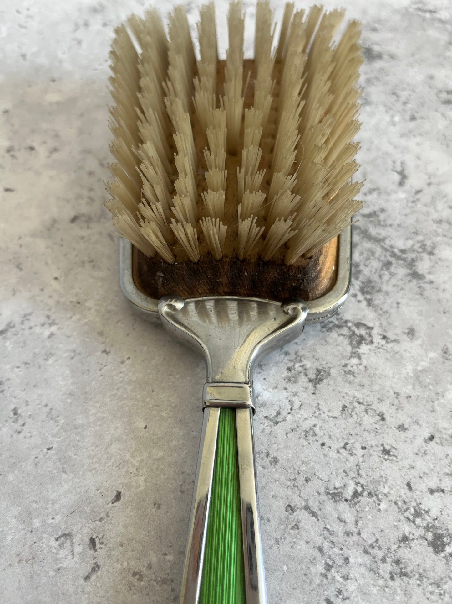 Vintage Art Deco Faux Guilloche Enamel Hair Brush Green Starburst Design