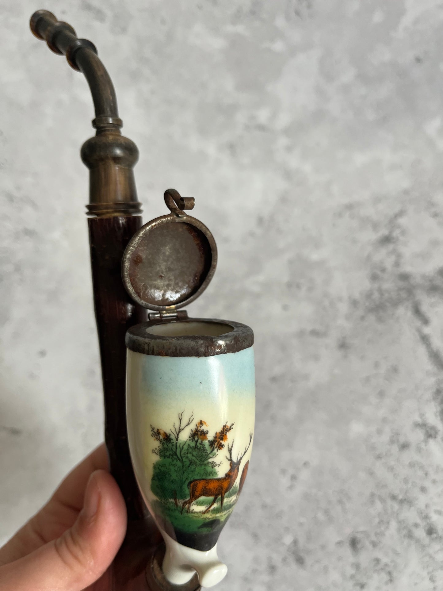Antique German Tobacco Smoking Pipe Ceramic & Wood Stag Design