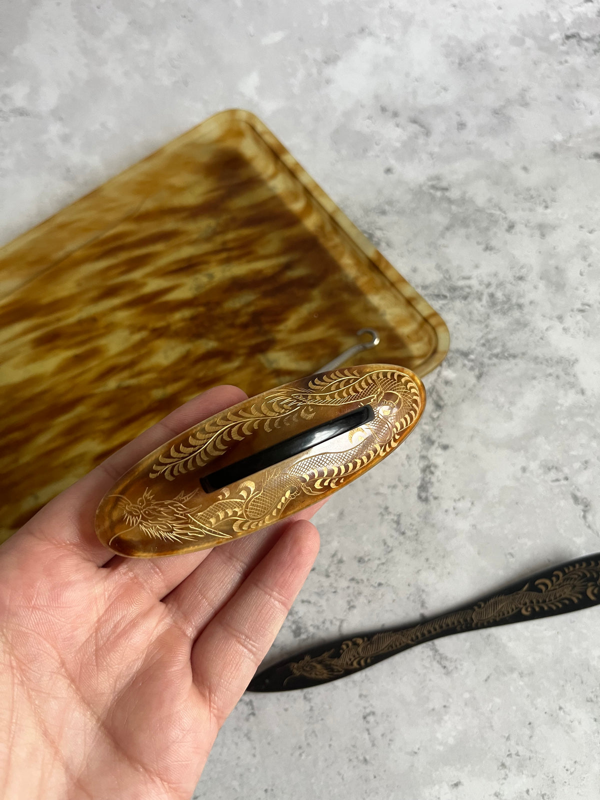 Vintage Early 20thC Faux Tortoiseshell 7 Piece Vanity Set Gold Dragon Engraved Design