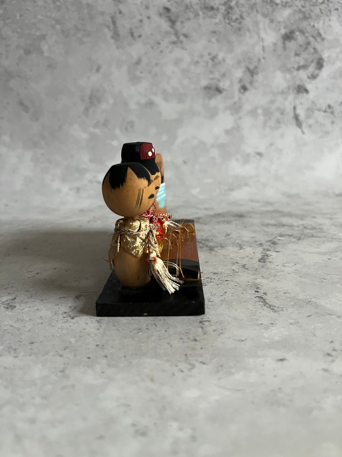 Vintage Kokeshi Pair With Koto Instrument Okichi Japanese Folk Art