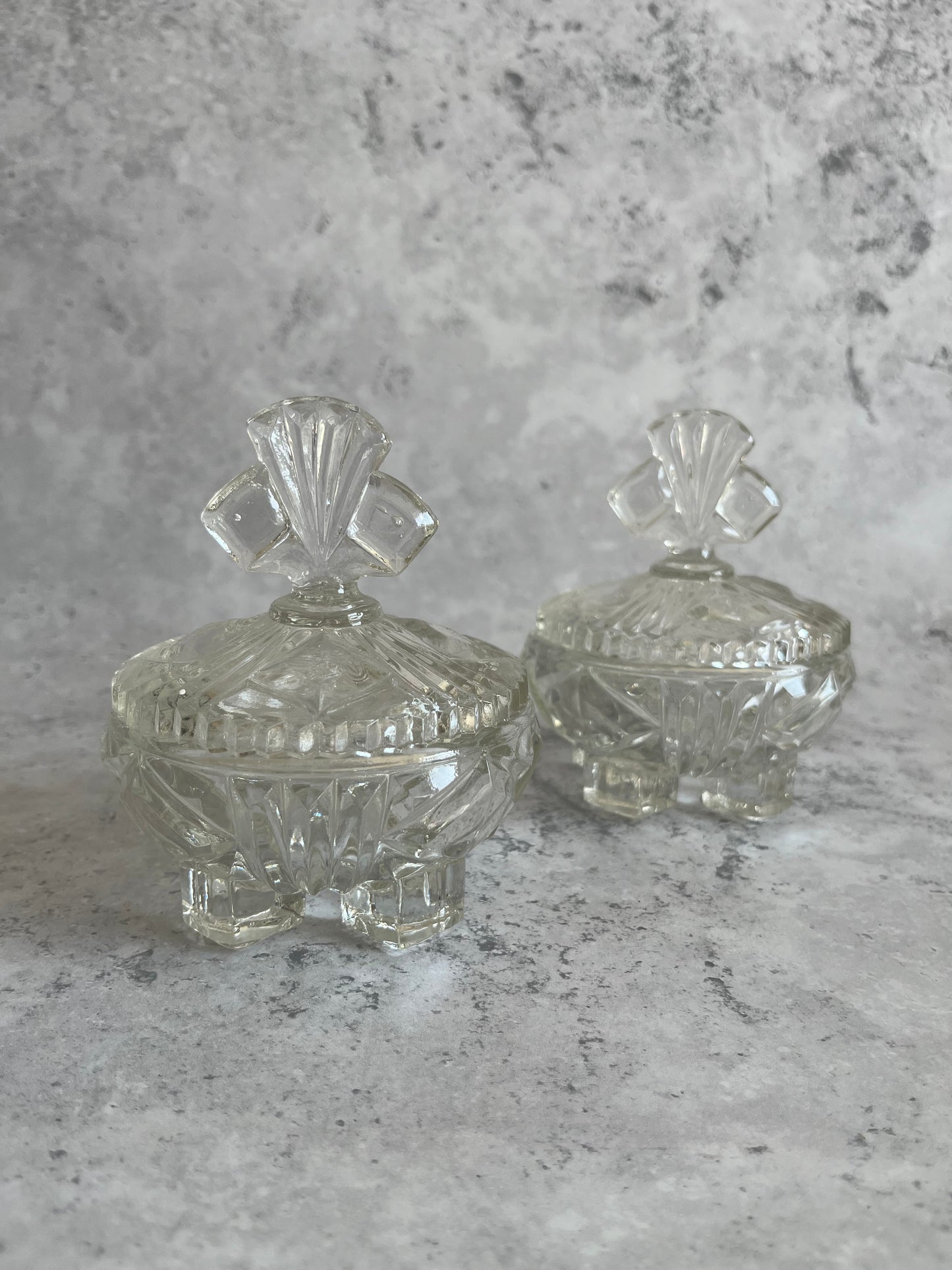 Vintage Set Of 2 Bagley & Co Clear Glass Art Deco Trinket Dishes Lidded & Footed