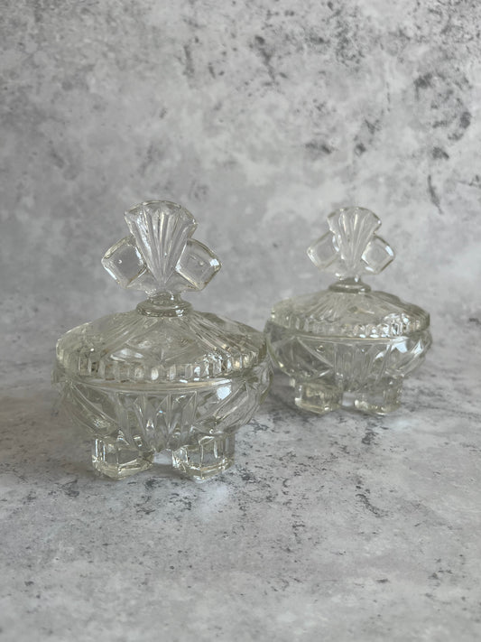 Vintage Set Of 2 Bagley & Co Clear Glass Art Deco Trinket Dishes Lidded & Footed