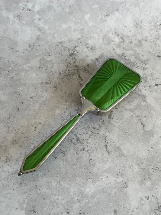 Vintage Art Deco Faux Guilloche Enamel Hair Brush Green Starburst Design