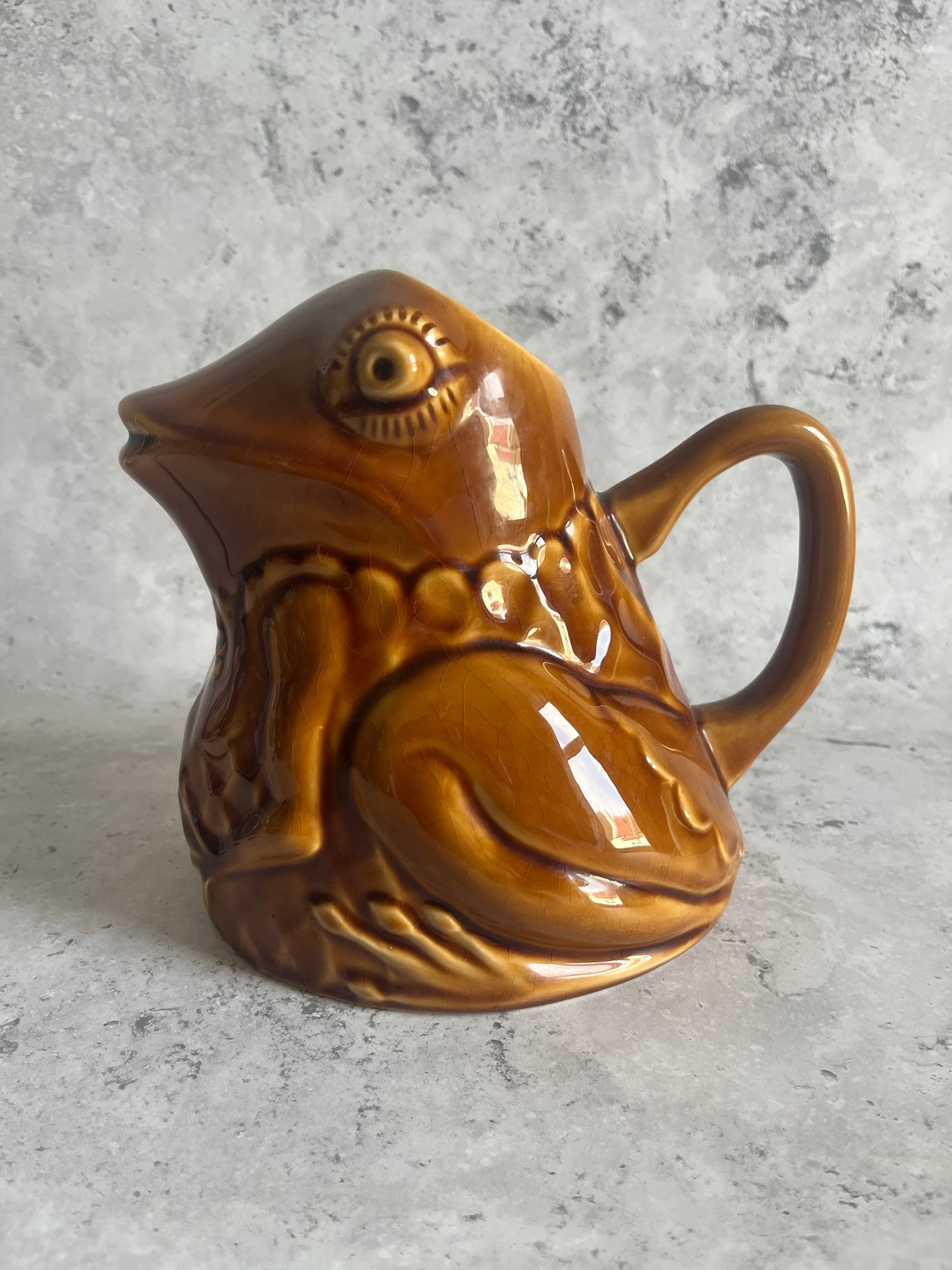 Vintage Sarreguemines French Frog Shaped Water Pitcher Amber Glazed
