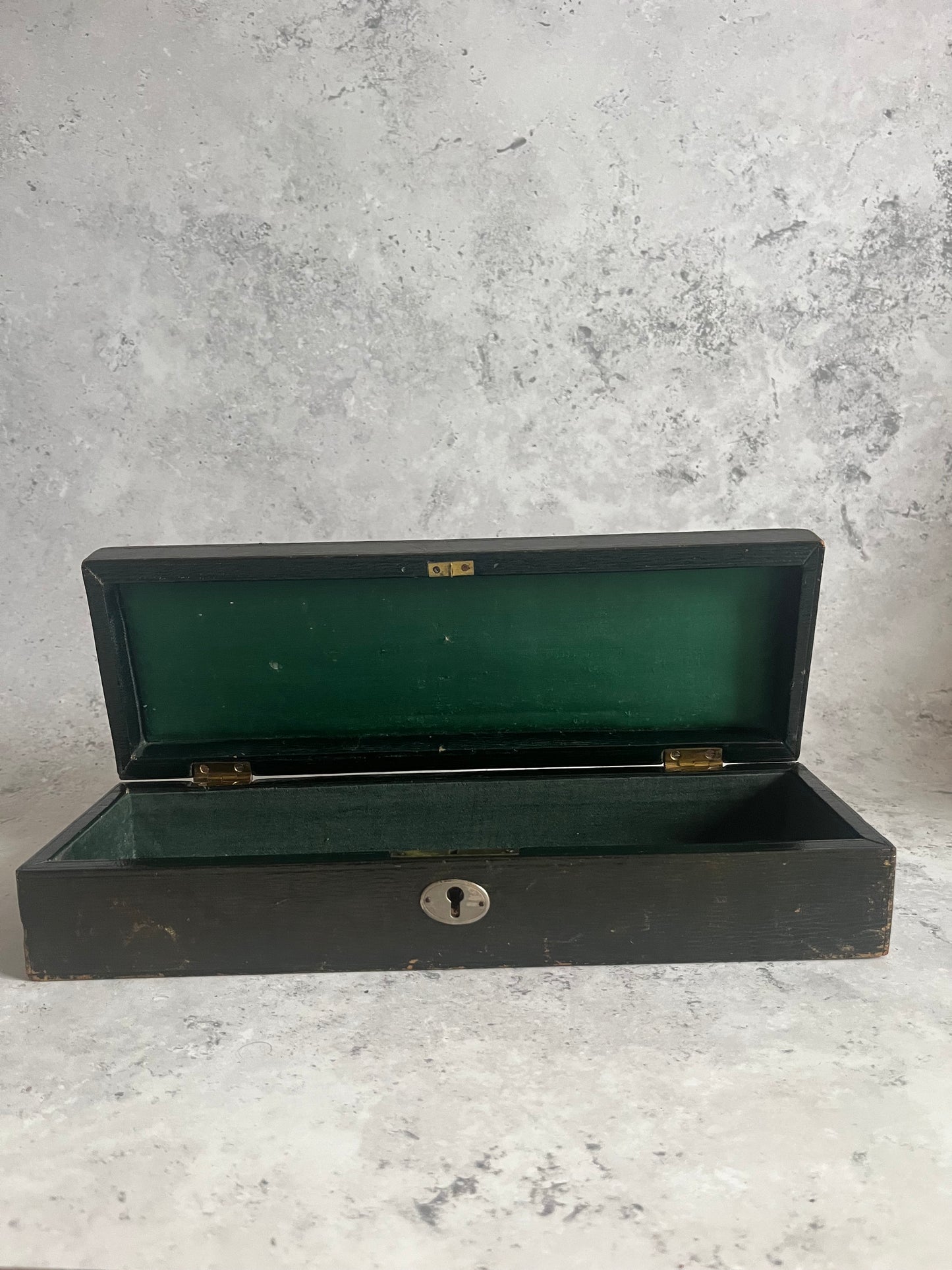 Antique 19C Black Leather Glove Storage Box Green Satin Lining Gold Lettering