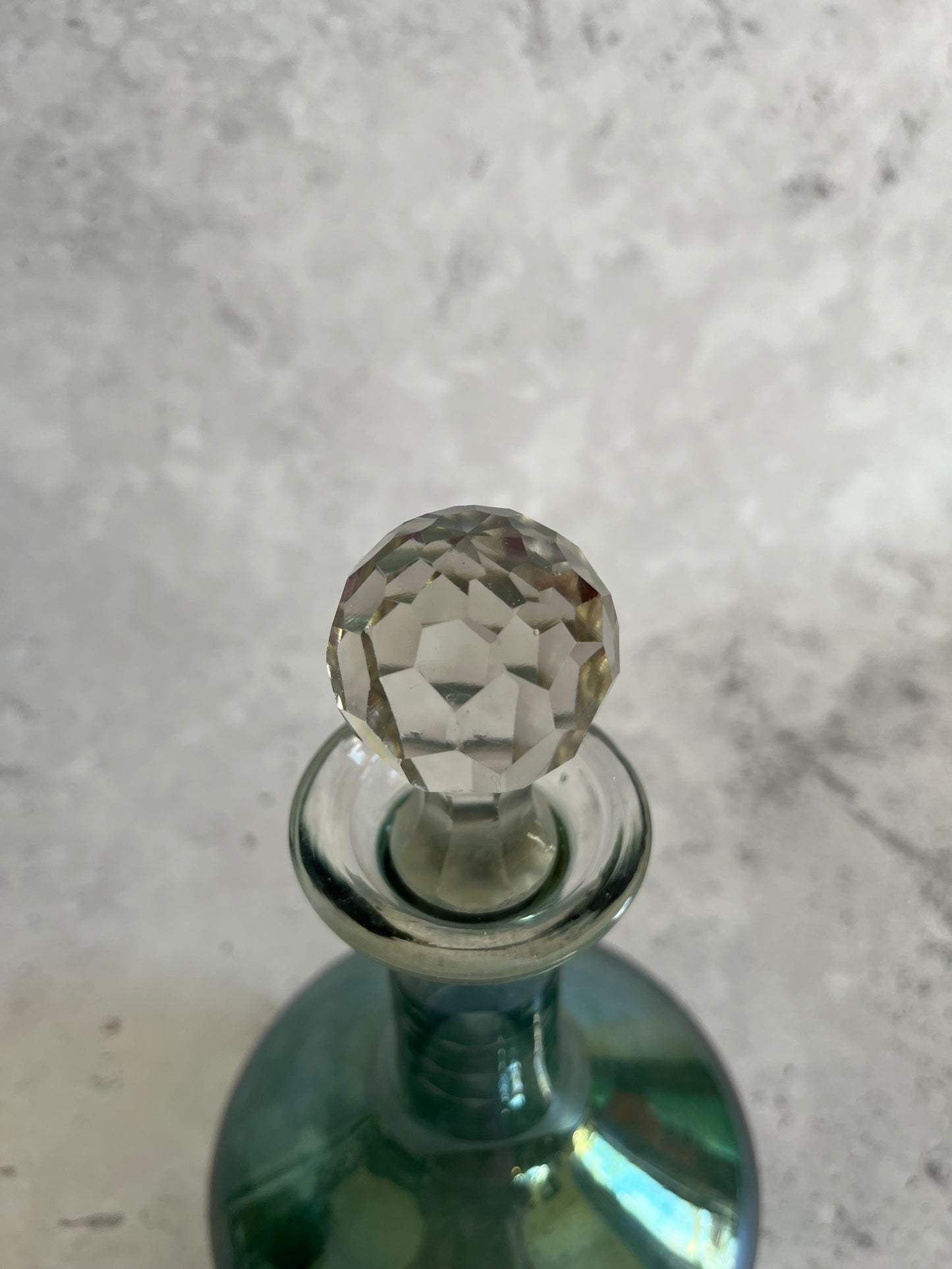 Vintage Hand Blown Iridescent Teal Green Etched Decanter With Faceted Stopper
