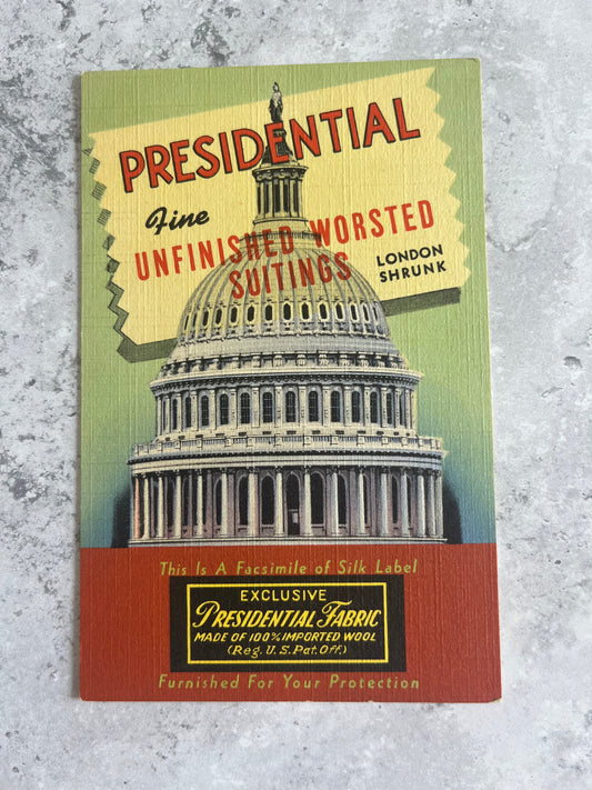 Vintage 1940’s Presidential Unfinished Worsted Suitings Advertising Americana Blank Postcard