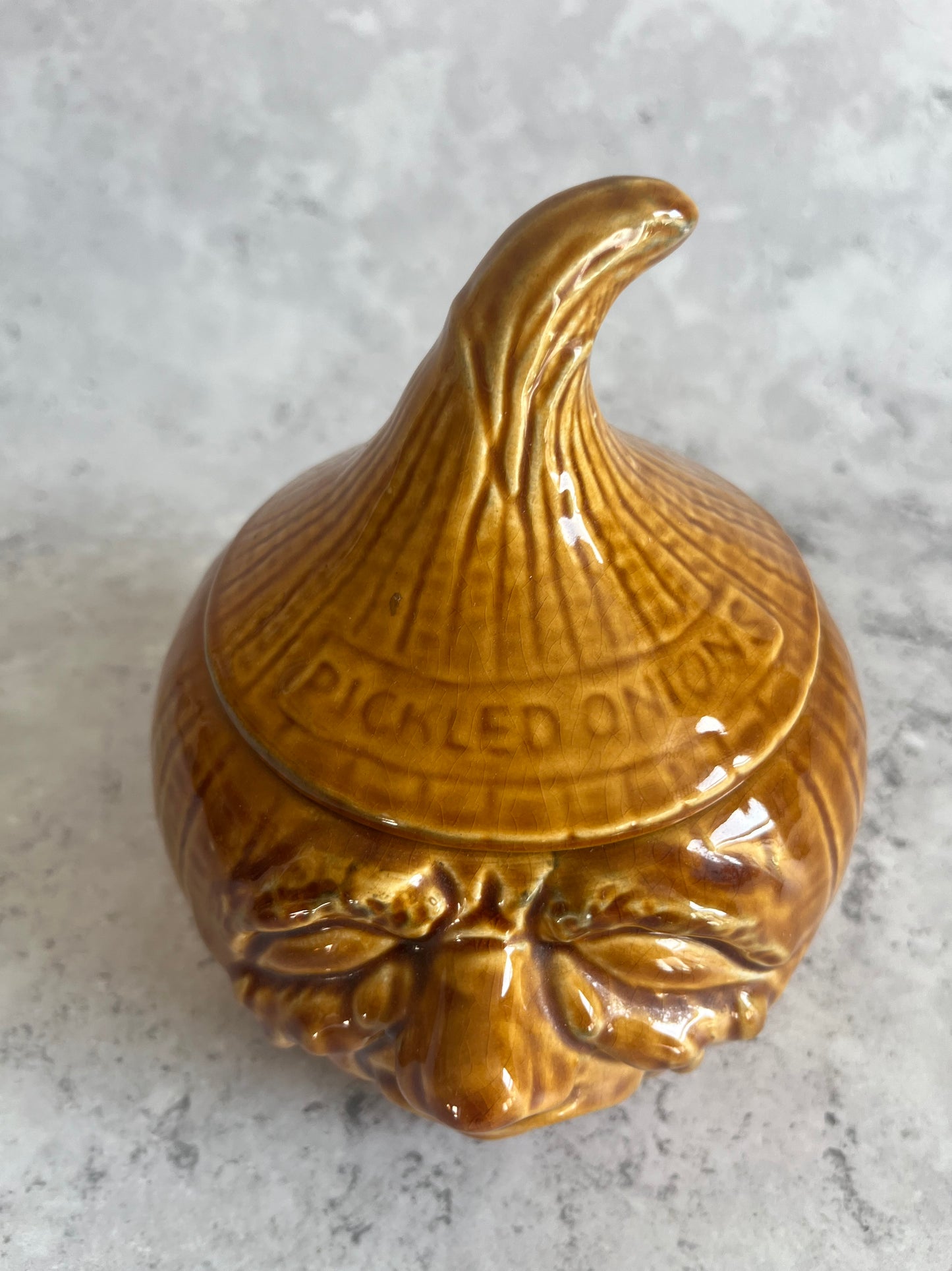 Vintage Crying Pickled Onion Pot Amber Glazed Retro Storage Jar Ceramic