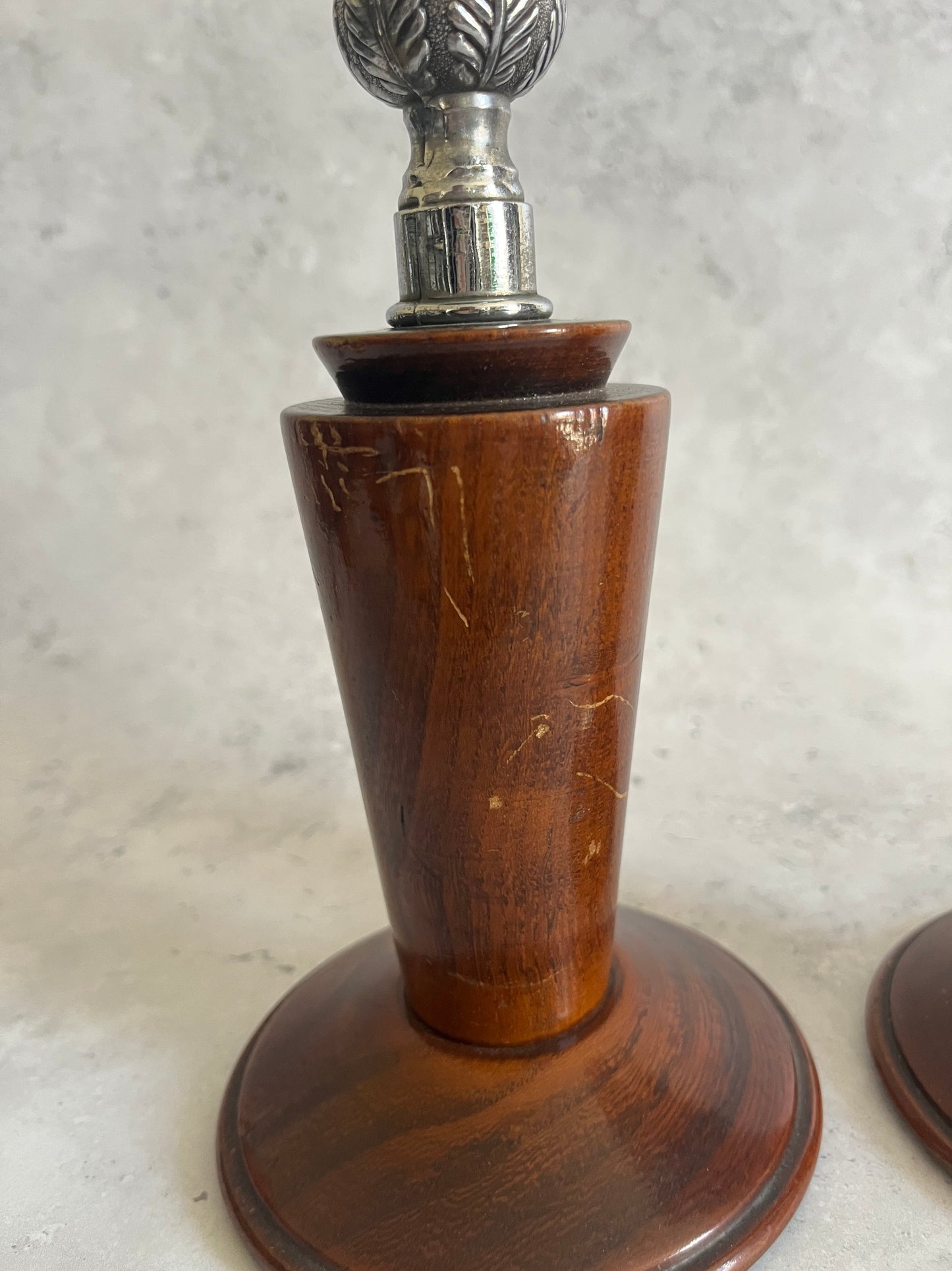 Antique Turned Wooden Silver Coloured Metal Candlesticks Art Deco Candle Holders