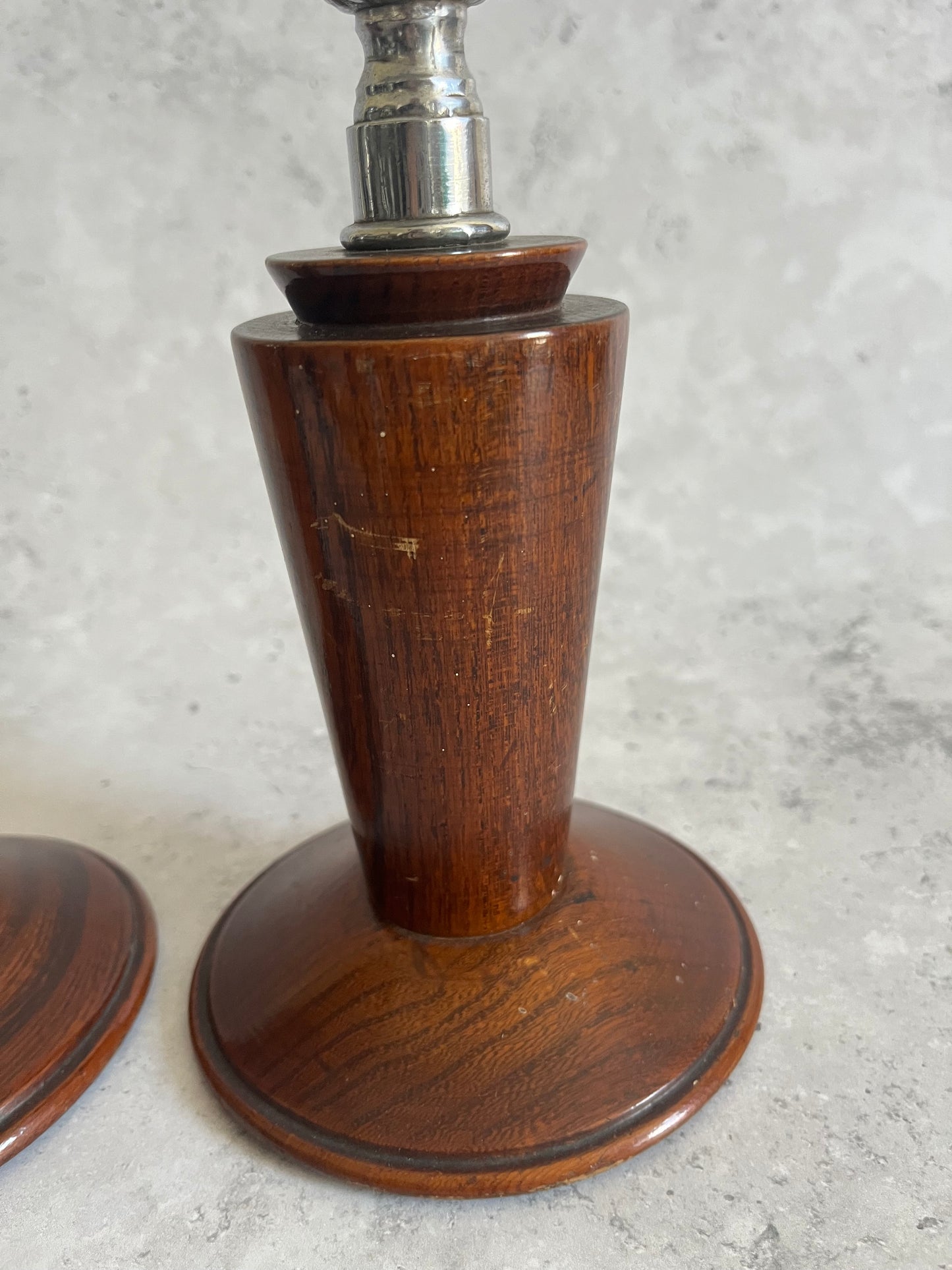 Antique Turned Wooden Silver Coloured Metal Candlesticks Art Deco Candle Holders