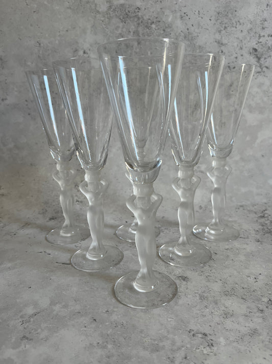 French Bayel Crystal Nude Frosted Venus Stem Champagne Flutes Set Of 6