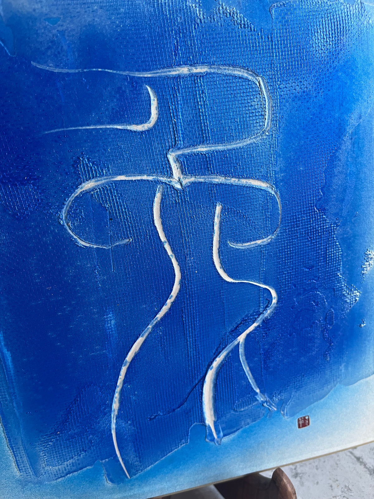 Vintage Japanese Shikishi Board Wall Art Blue Abstract Figurative Painting
