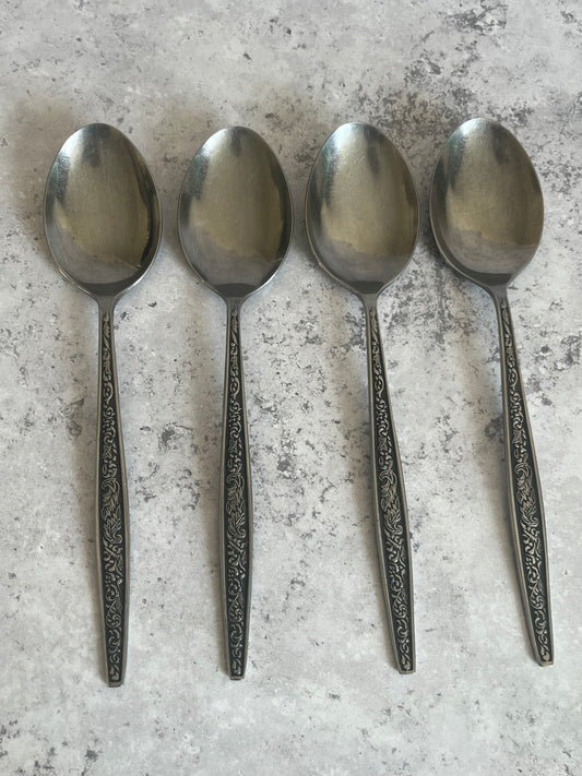 Vintage Korean Scroll Design Set Of 4 Table Spoons Stainless Steel Retro Cutlery
