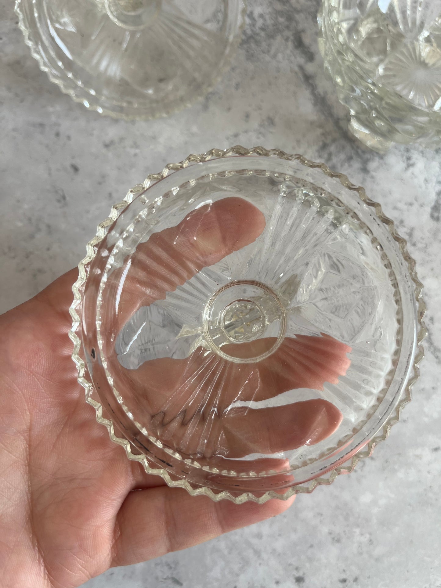 Vintage Set Of 2 Bagley & Co Clear Glass Art Deco Trinket Dishes Lidded & Footed