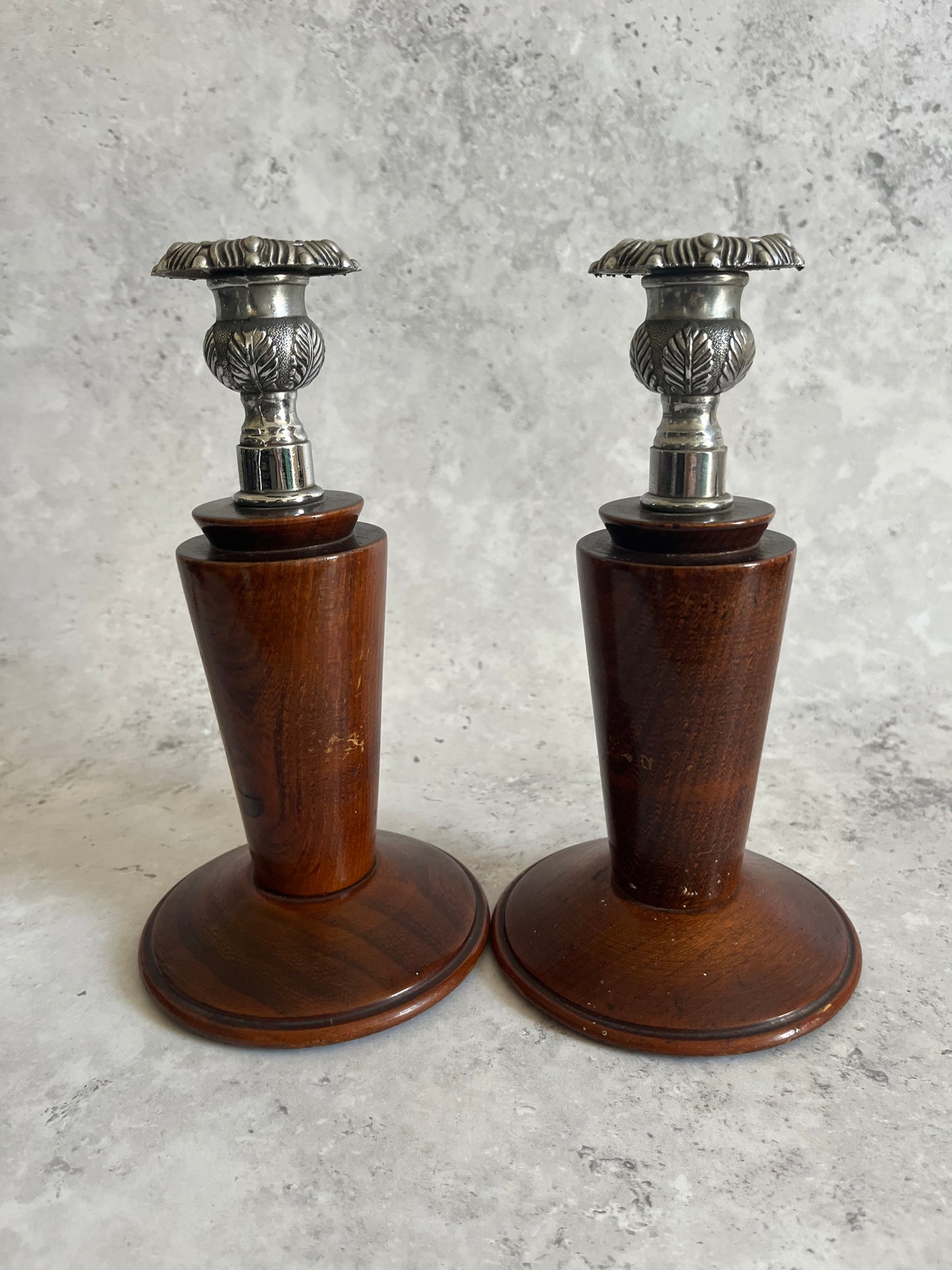 Antique Turned Wooden Silver Coloured Metal Candlesticks Art Deco Candle Holders