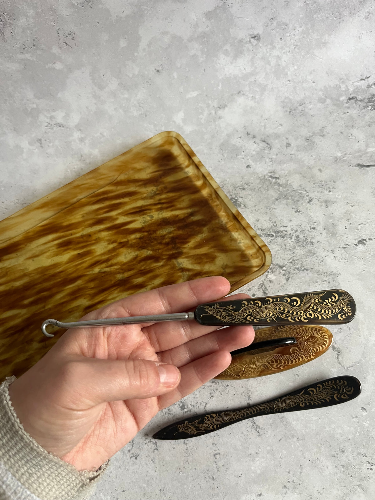 Vintage Early 20thC Faux Tortoiseshell 7 Piece Vanity Set Gold Dragon Engraved Design