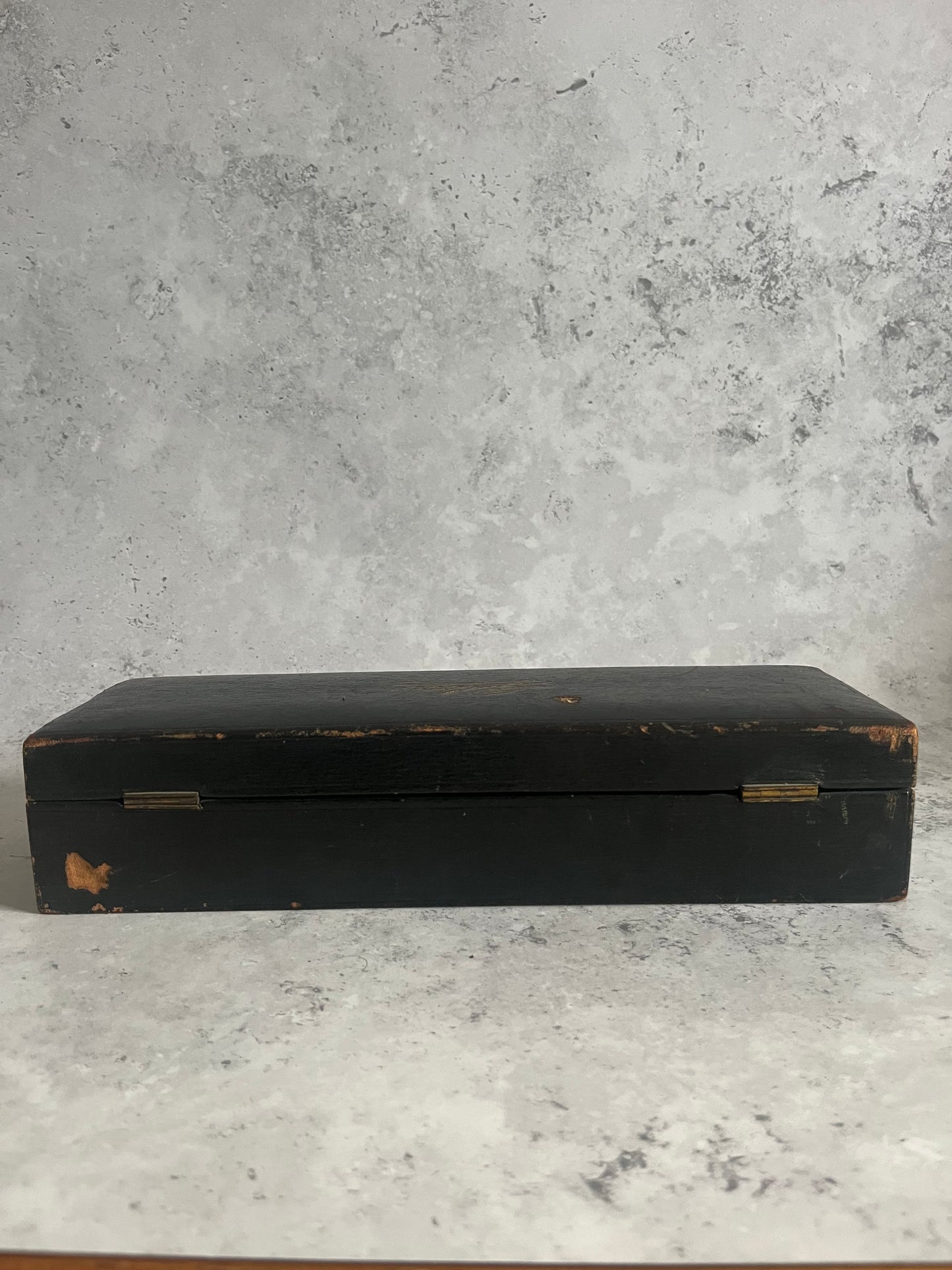 Antique 19C Black Leather Glove Storage Box Green Satin Lining Gold Lettering