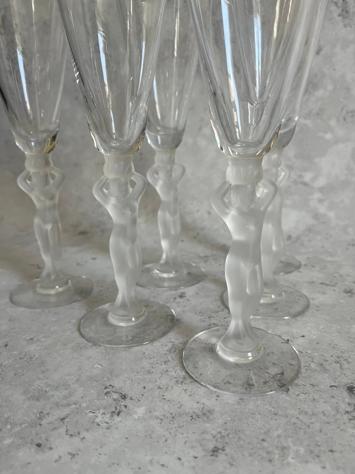 French Bayel Crystal Nude Frosted Venus Stem Champagne Flutes Set Of 6