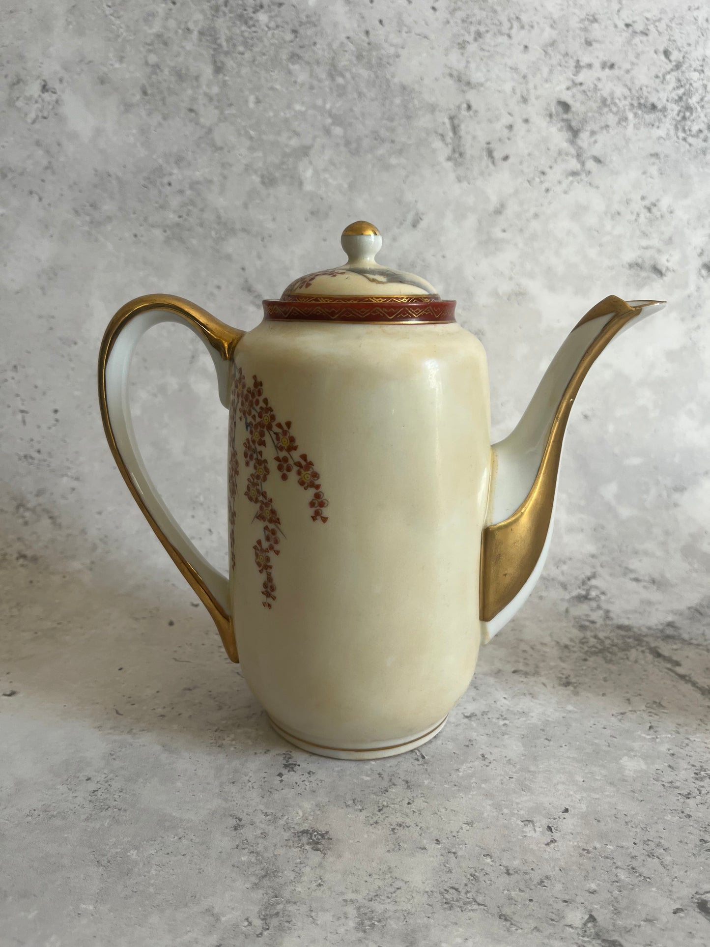 Vintage Japanese Kutani Coffee Pot & Creamer Cherry Blossom Scene Teapot