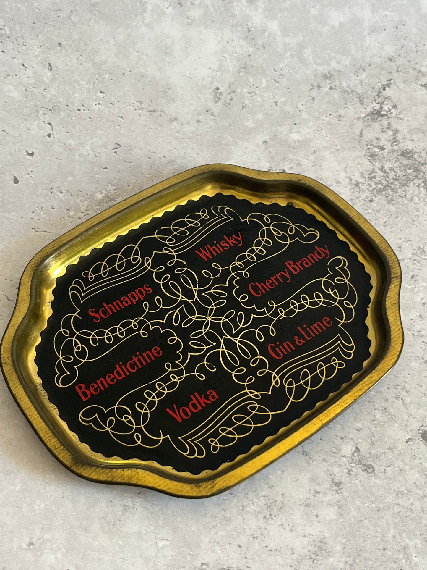 Vintage Spirit Shot Metal Serving Tray Black Gold Detail Retro Brewiana