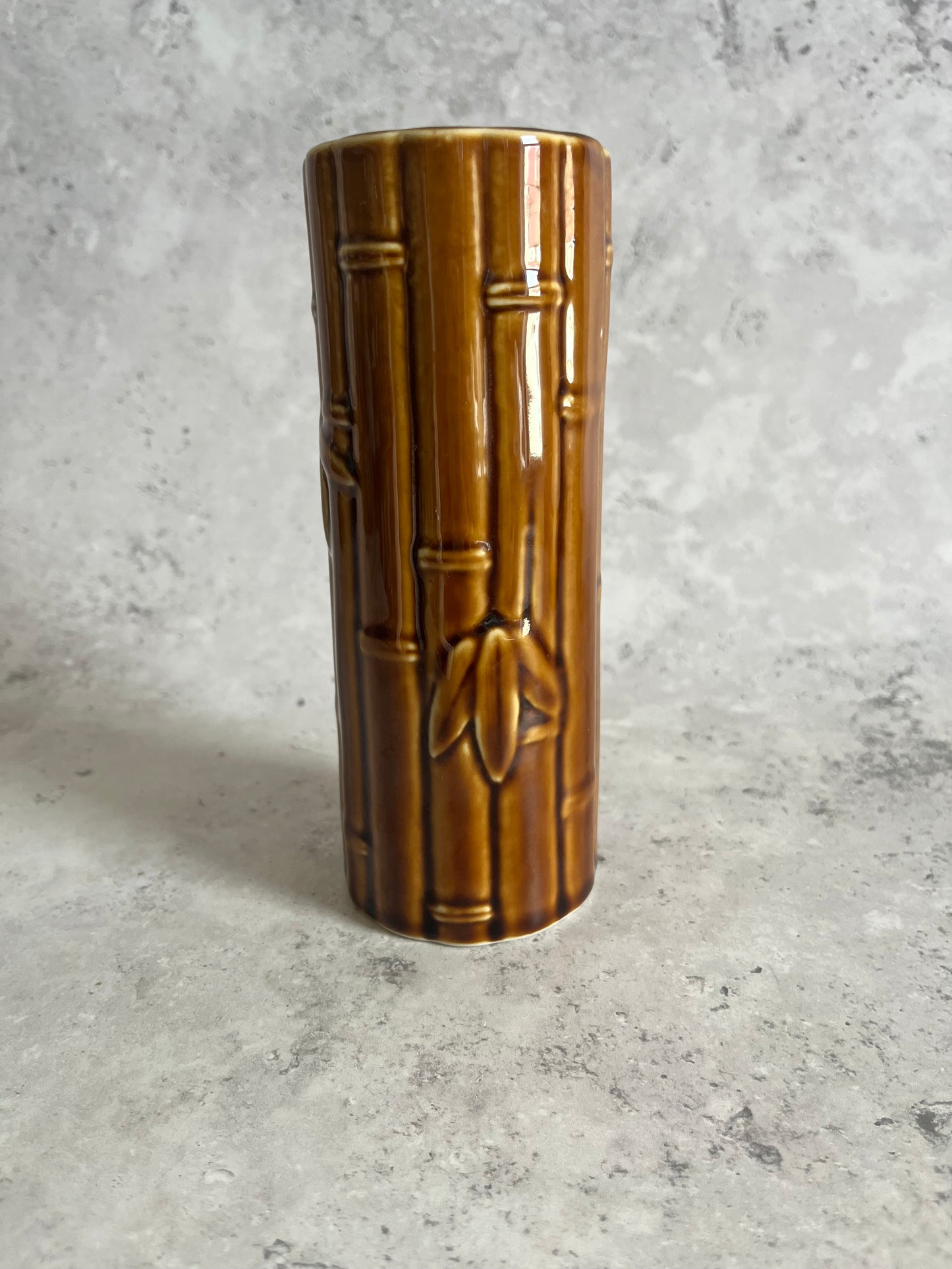 Vintage Ceramic Bamboo Style Tiki Vase Chocolate Brown Glaze 16.5cm High Retro Mid Century Style