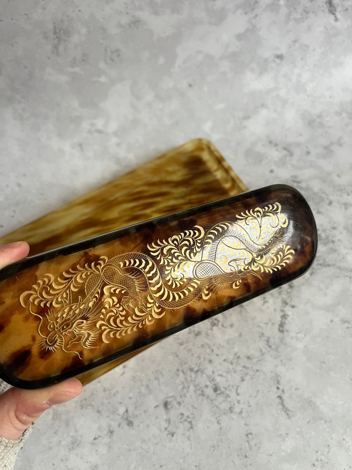 Vintage Early 20thC Faux Tortoiseshell 7 Piece Vanity Set Gold Dragon Engraved Design