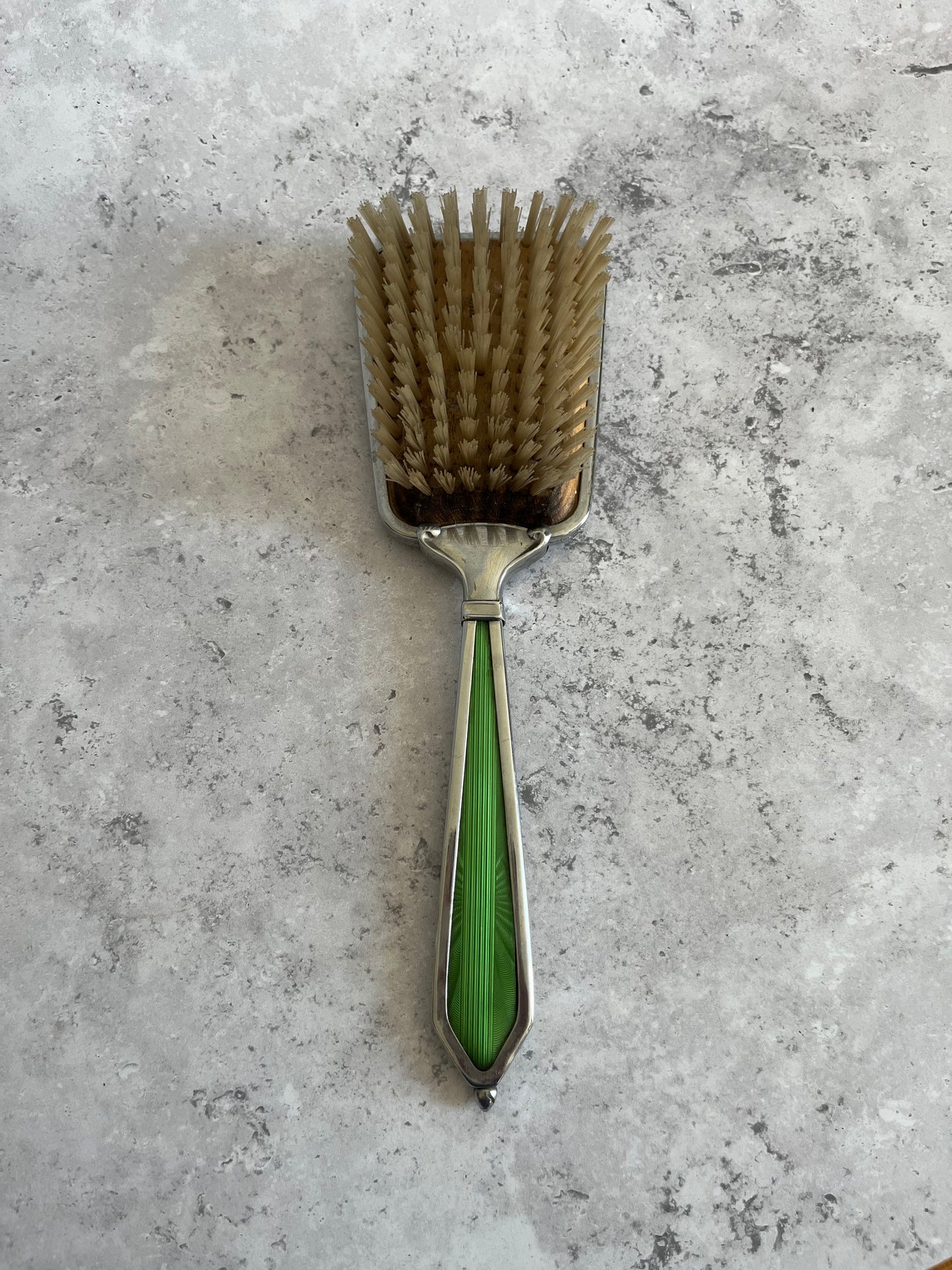 Vintage Art Deco Faux Guilloche Enamel Hair Brush Green Starburst Design
