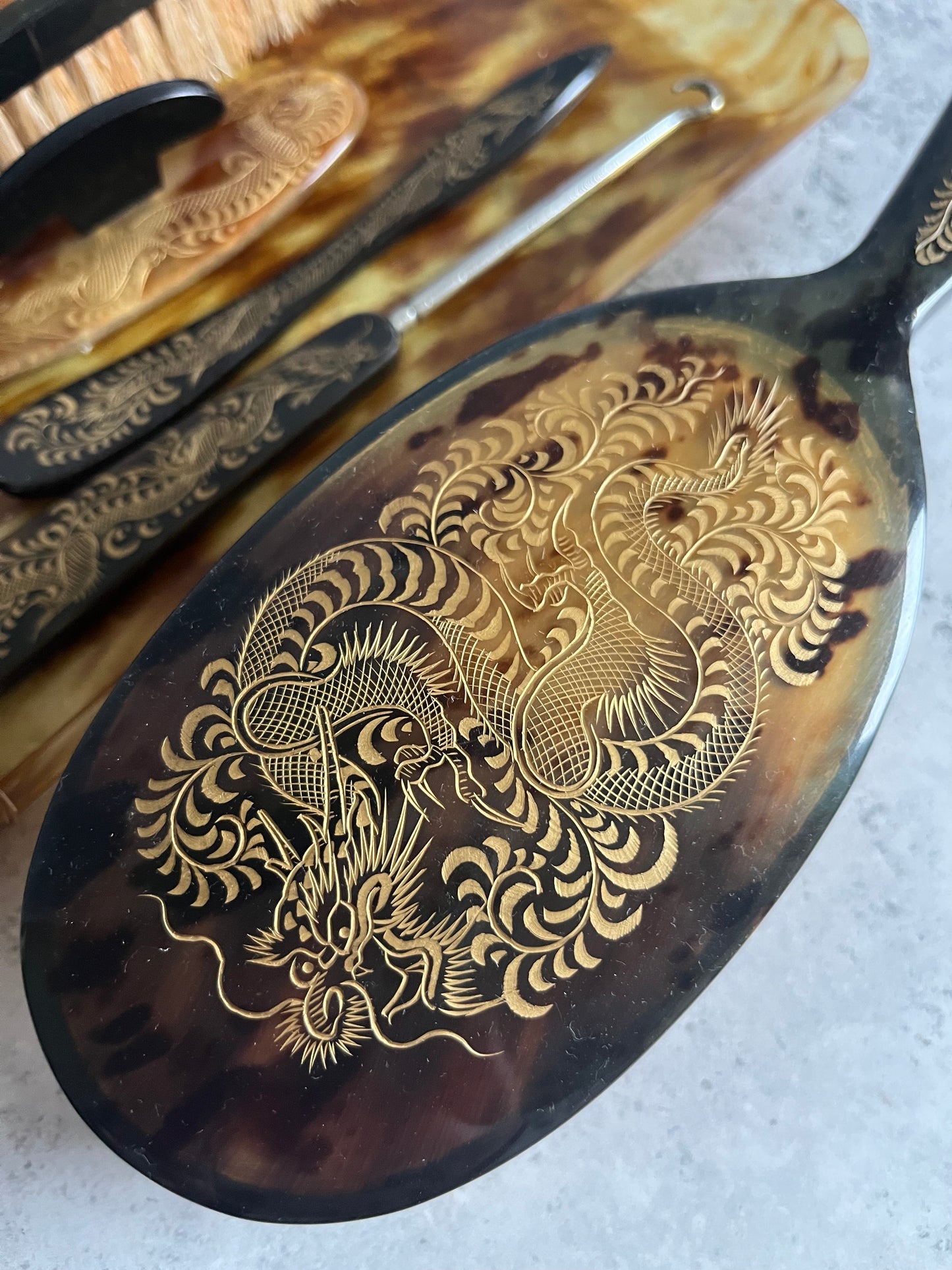 Vintage Early 20thC Faux Tortoiseshell 7 Piece Vanity Set Gold Dragon Engraved Design