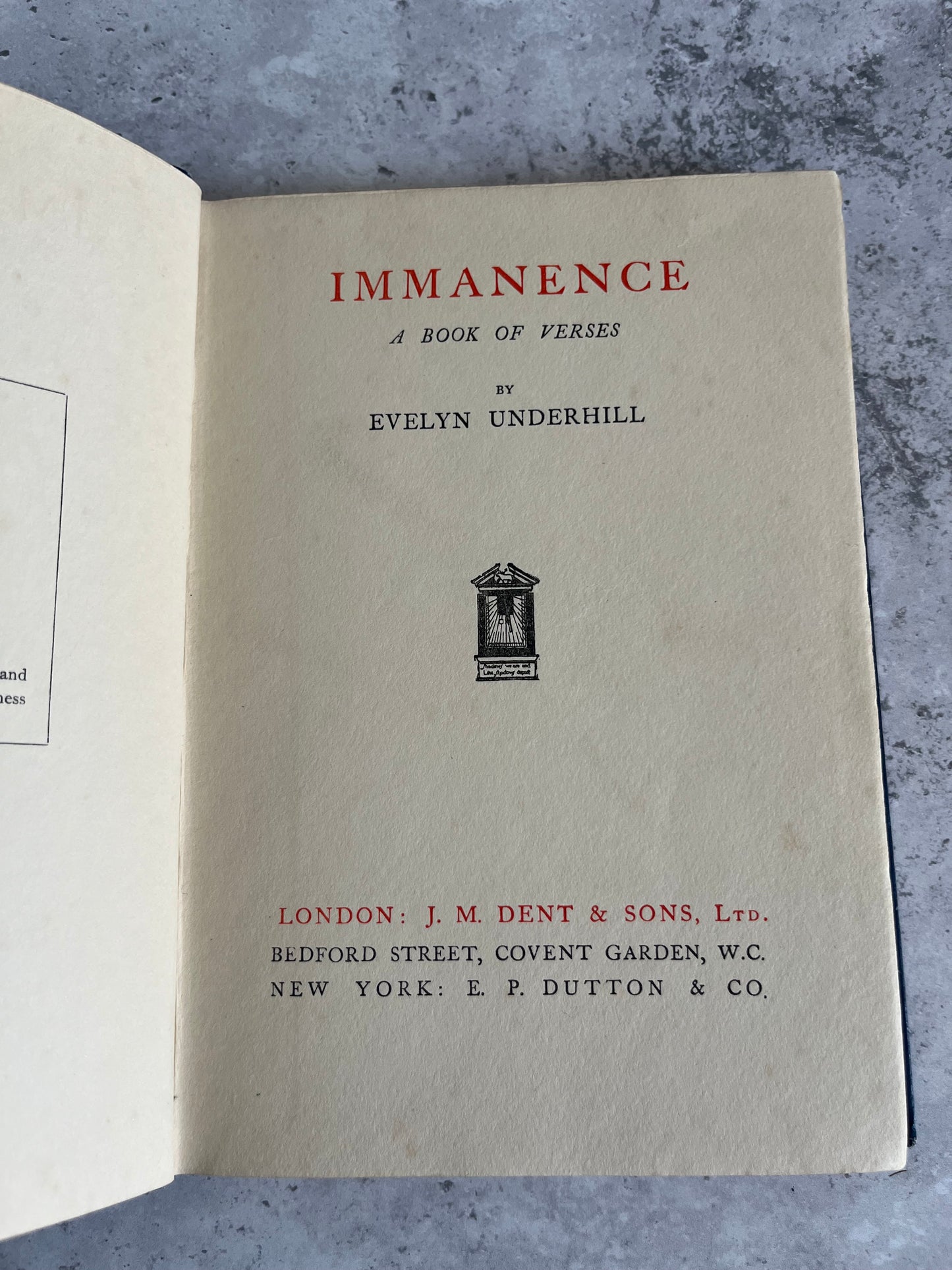 Immanence A Book Of Verses By Evelyn Underhill JM Dent 1913 Ed Hardback Book