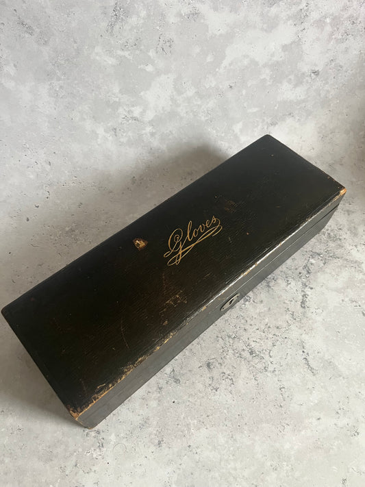 Antique 19C Black Leather Glove Storage Box Green Satin Lining Gold Lettering