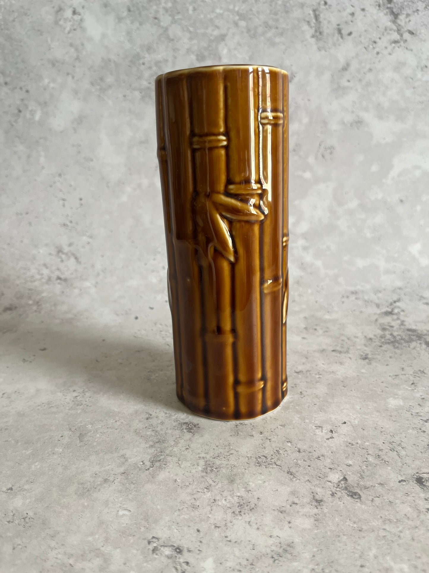Vintage Ceramic Bamboo Style Tiki Vase Chocolate Brown Glaze 16.5cm High Retro Mid Century Style
