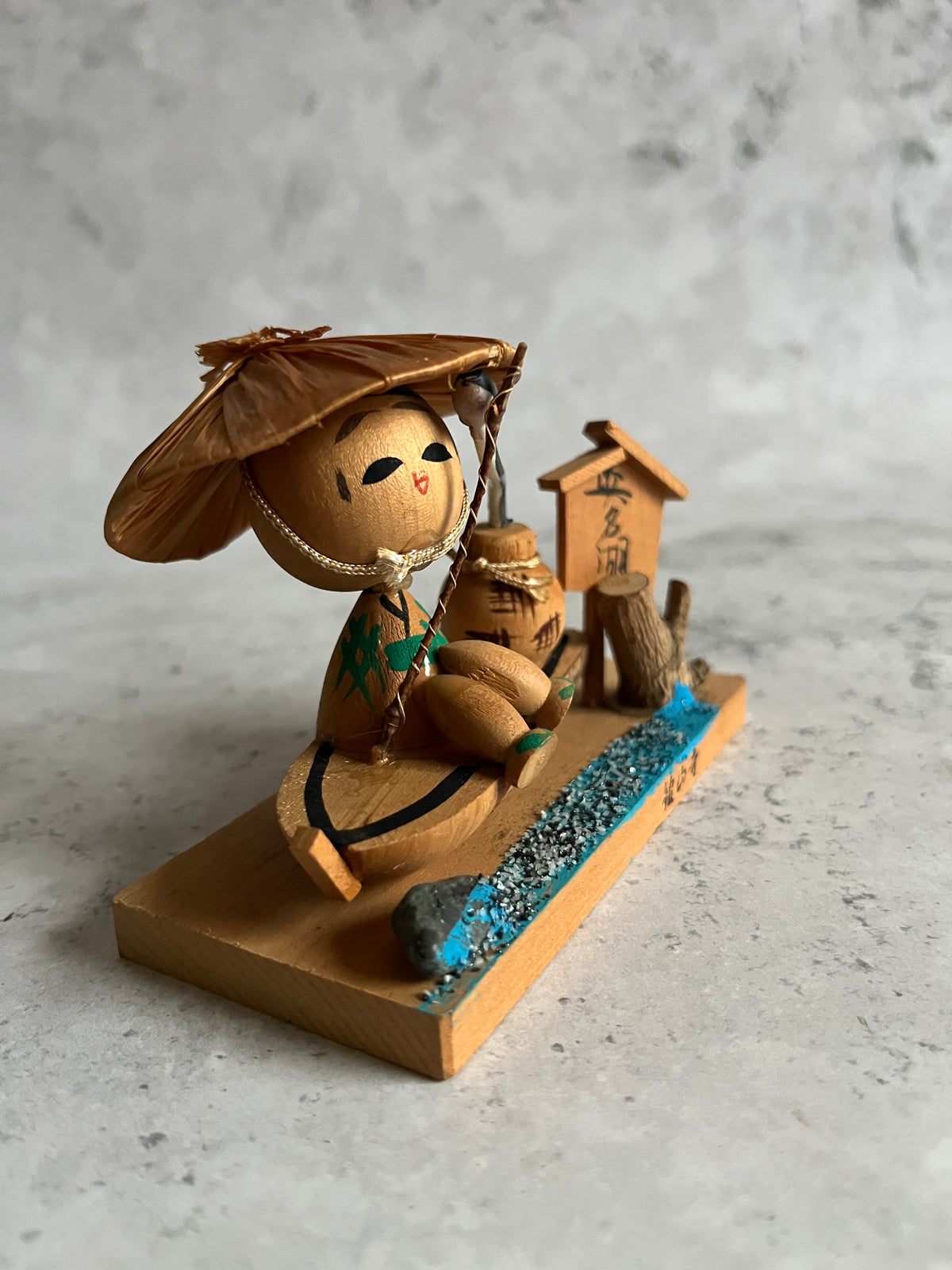 Vintage Kokeshi Fisherman  Japanese Folk Art Kanzanji Souvenir Wooden Ornament