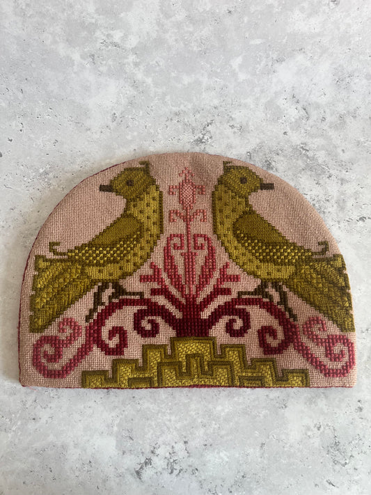 Vintage Pink Needlepoint Tea Cosy Satin Lined Traditional Bird Design