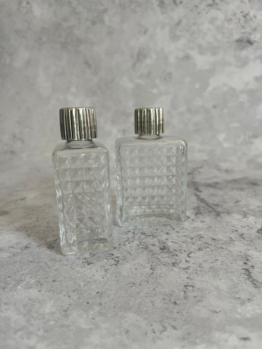 Vintage Diamond Point Clear Glass Perfume Bottles Set Of 2 Cologne Bottles