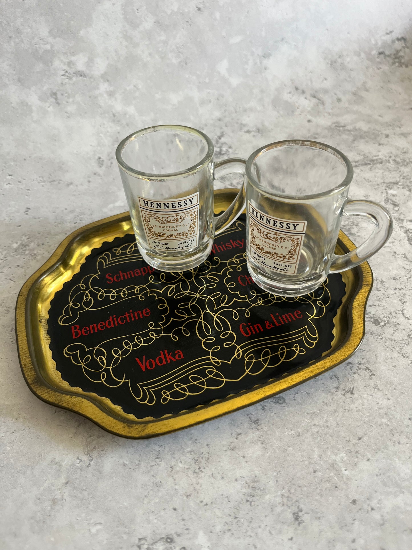 Vintage Spirit Shot Metal Serving Tray Black Gold Detail Retro Brewiana