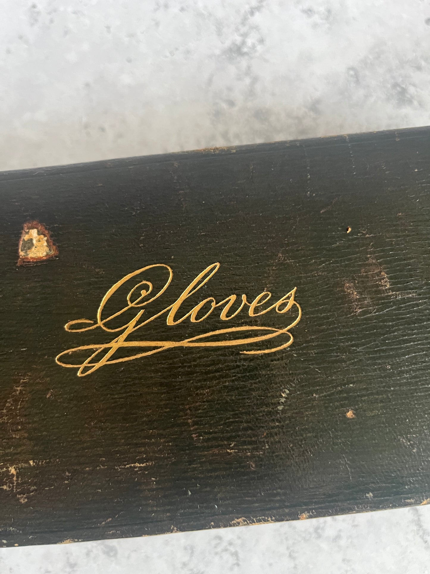 Antique 19C Black Leather Glove Storage Box Green Satin Lining Gold Lettering