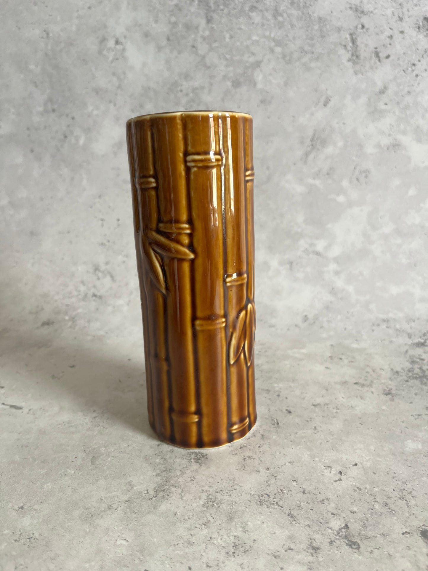 Vintage Ceramic Bamboo Style Tiki Vase Chocolate Brown Glaze 16.5cm High Retro Mid Century Style