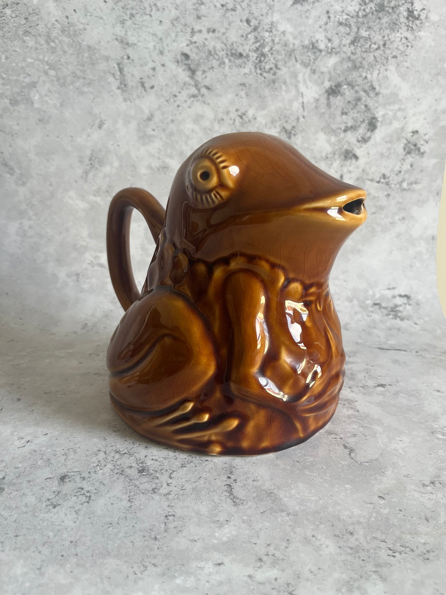 Vintage Sarreguemines French Frog Shaped Water Pitcher Amber Glazed