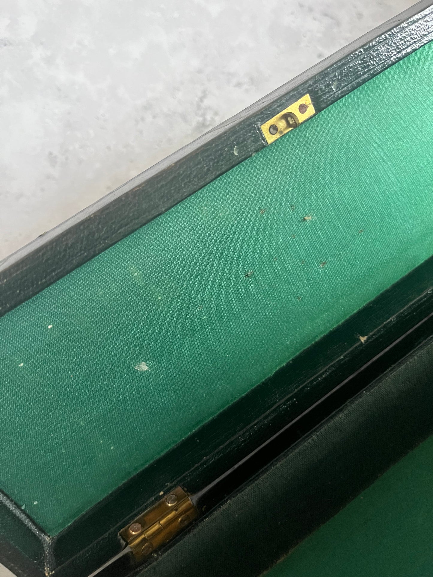 Antique 19C Black Leather Glove Storage Box Green Satin Lining Gold Lettering