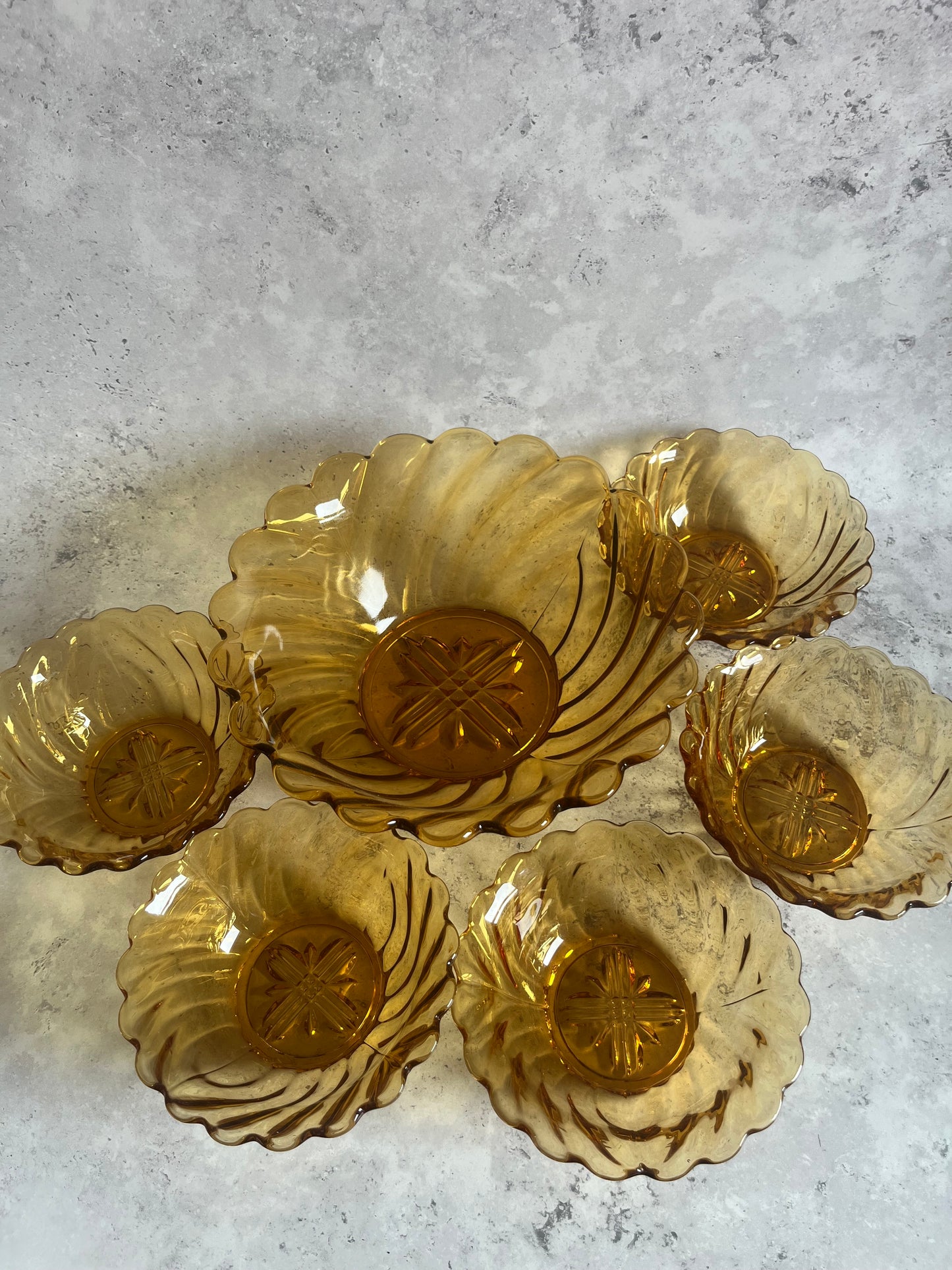 Vintage 1950’s Amber Glass Serving Bowl Set Of 6 Swirl Design