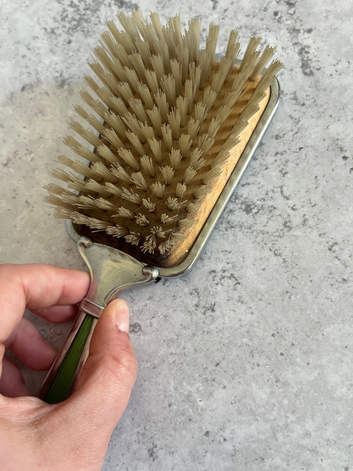 Vintage Art Deco Faux Guilloche Enamel Hair Brush Green Starburst Design