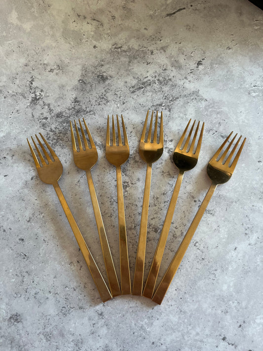 Vintage 1970’s Thai Gold Tone Dinner Forks Set Of Six Angular Design