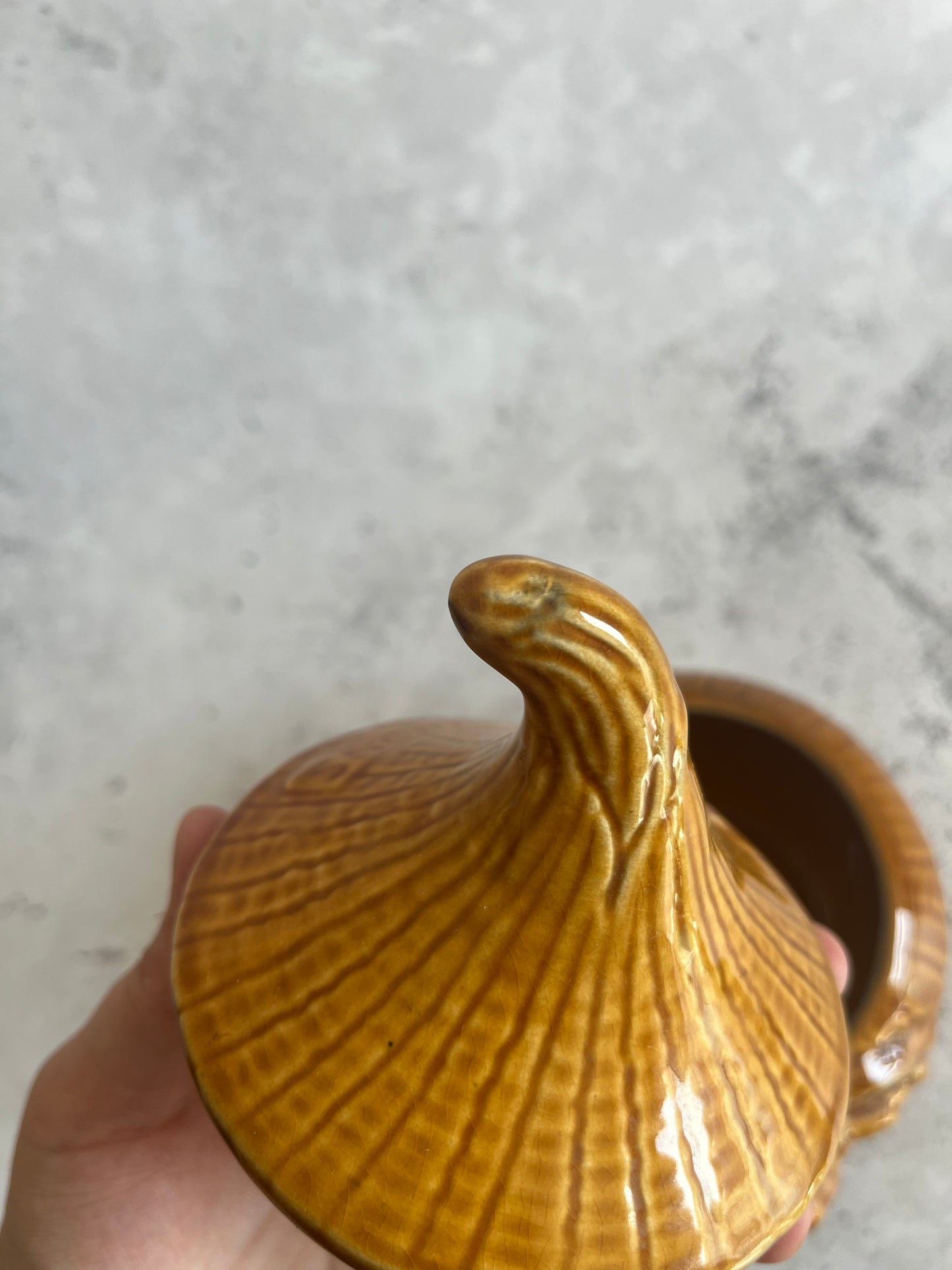 Vintage Crying Pickled Onion Pot Amber Glazed Retro Storage Jar Ceramic