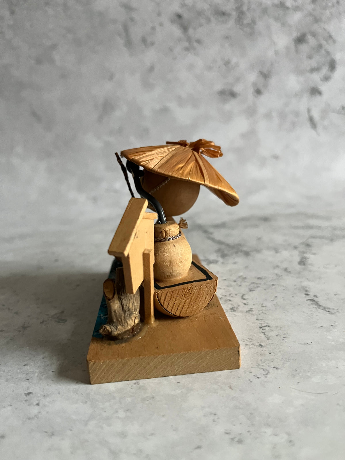 Vintage Kokeshi Fisherman  Japanese Folk Art Kanzanji Souvenir Wooden Ornament